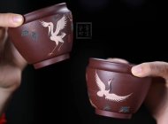 《松鶴對杯》宜興紫砂壺紫泥全手工茶壺茶具