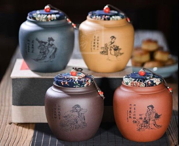 《四大美女茶葉罐》宜興紫砂壺手工紫泥，段泥，紅清水泥，天青泥茶壺具
